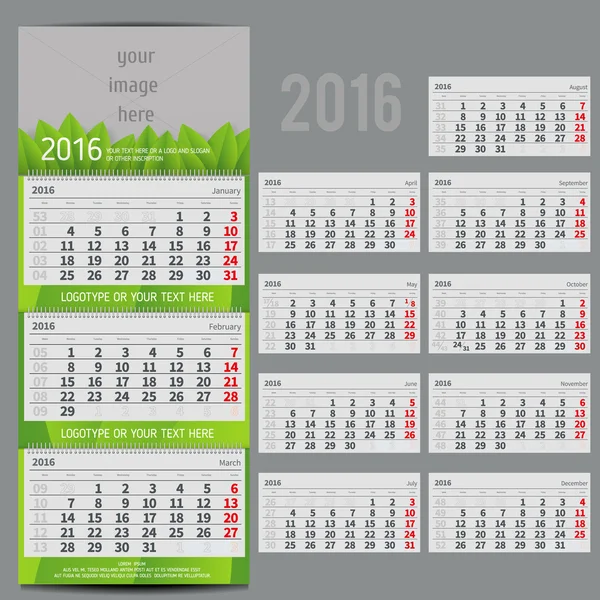 Calendrier vectoriel 2016 - Planificateur pour trois mois — Image vectorielle