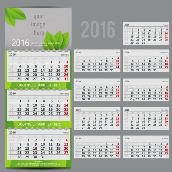 Vektorkalender 2016 - Planer für drei Monate — Stockvektor