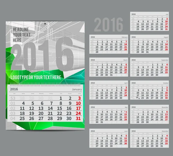 Calendario vectorial 2016 - Planificador de tres meses — Archivo Imágenes Vectoriales