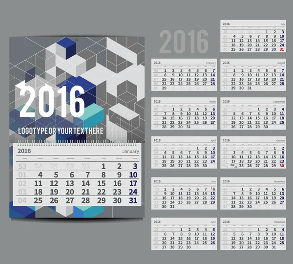 Calendrier vectoriel 2016 - Planificateur pour le mois — Image vectorielle