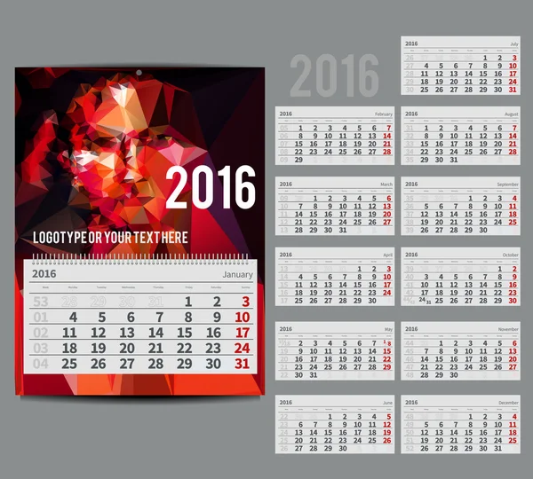 Calendario vectorial 2016 - Planificador de meses — Archivo Imágenes Vectoriales