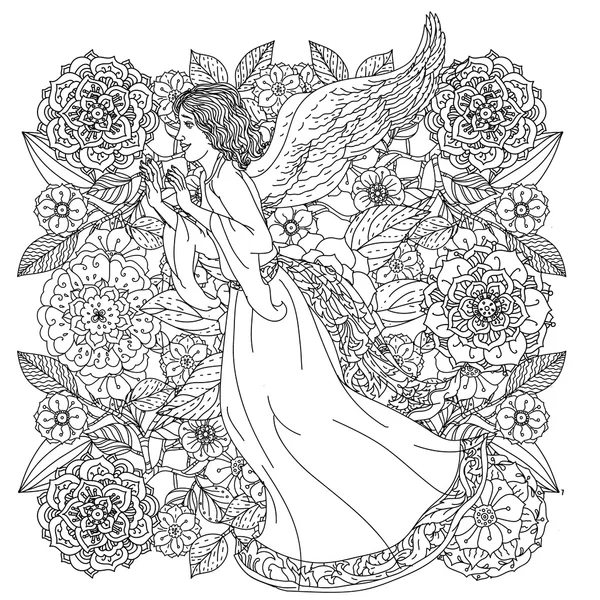 Ángel en oriente ornamento floral — Vector de stock