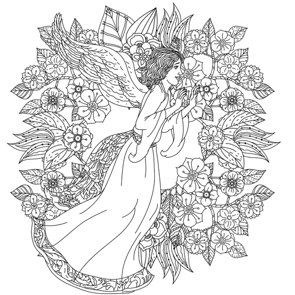 Ángel en oriente ornamento floral — Vector de stock