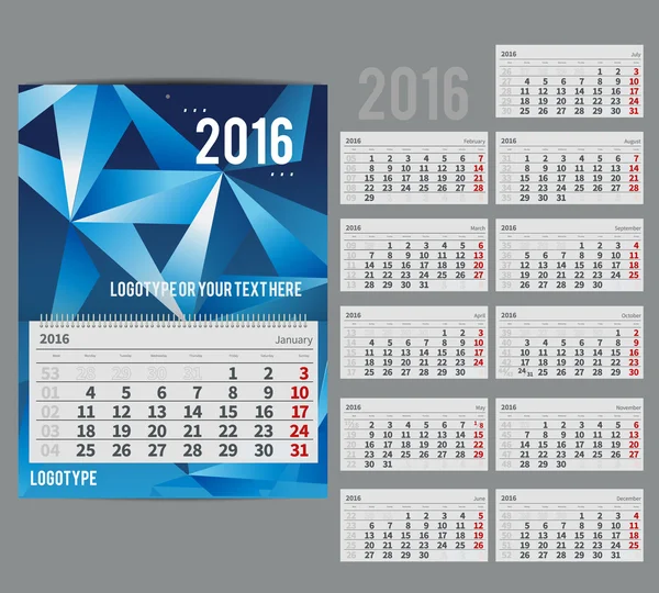 Calendrier vectoriel 2016 - Planificateur pour le mois — Image vectorielle