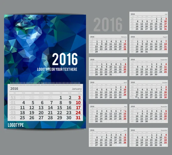 Calendario vectorial 2016 - Planificador de meses — Vector de stock