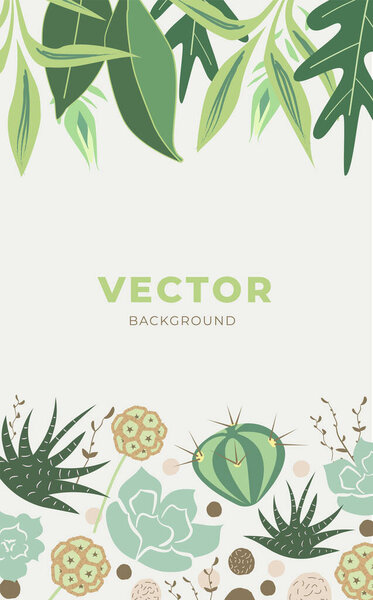 Flat vector vertical botanical background with succulents, houseplants, aloe and excotic leaves in natural eco green and brown colors.