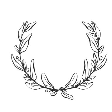 El çizimi siyah basit dış hatlar çiçek çerçevesi, defne çelengi çizimi.