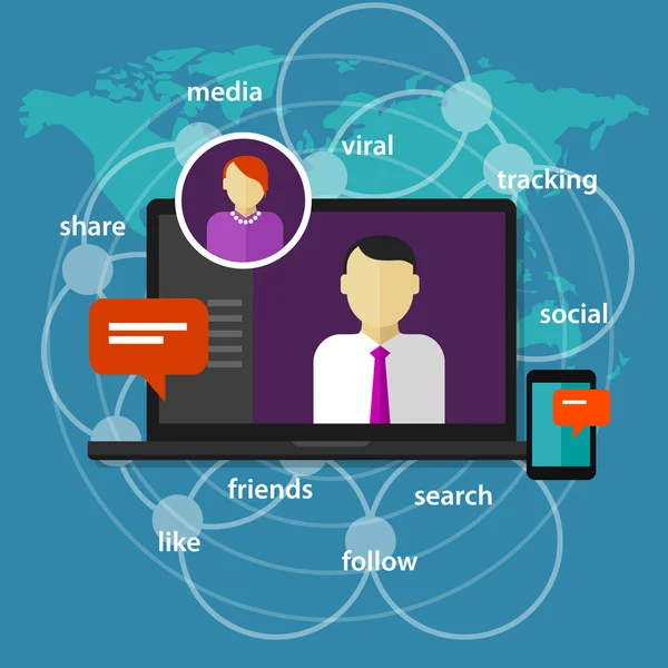 Sociala medier manager management administratör begreppet kommunikation online-världen karta laptop skärm enhet telefon — Stock vektor