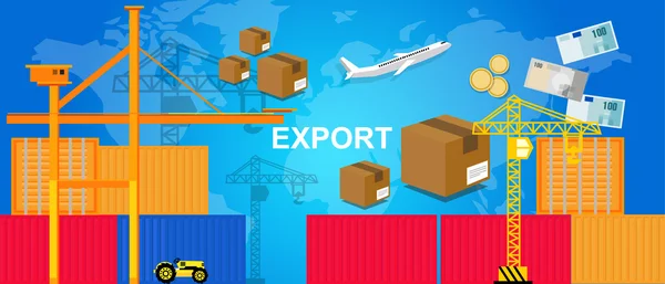 Exportações de comércio de transporte logística porto contentores avião e guindaste dinheiro pacote caixa comércio mundial — Vetor de Stock