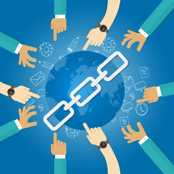 Link building SEO motor de busca otimização mundo conectar mãos azul — Vetor de Stock