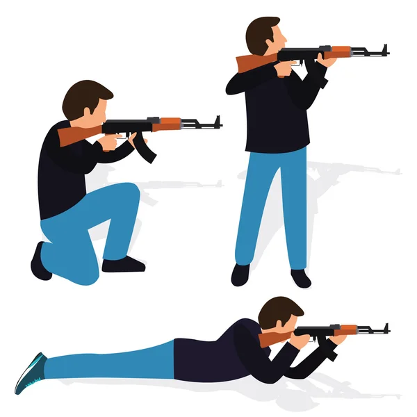 Man shooting rifle gun weapon position shot action firearm standing prone kneeling aim target automatic machine — Wektor stockowy