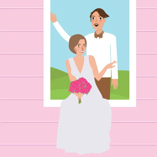 Paar Mann Frau Hochzeitskleid Porträt im Fenster stehend mit Blume trägt Vektorzeichnung — Stockvektor