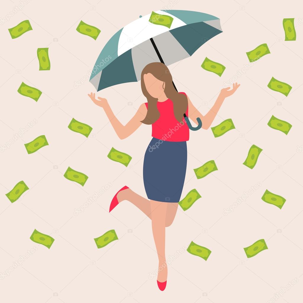 woman umbrella money rain dollar cash rich lucky success business flat vector illustration concept