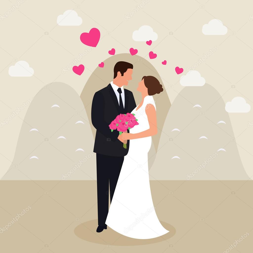 男女の結婚のカップルを参照してください目手フラット ベクトル デッサン