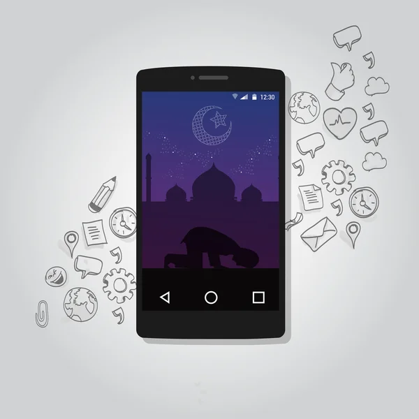 Mobile smart phone apps islam technologie musulman religieux écran arrière-plan — Image vectorielle