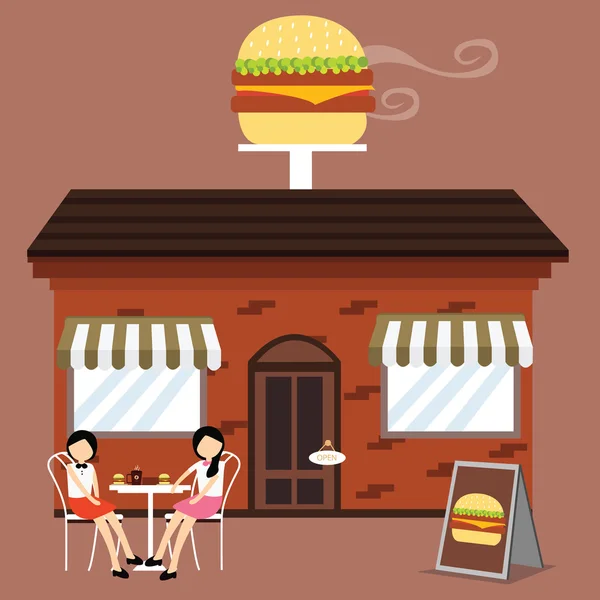 Cliente frente a la tienda de hamburguesas restaurante de comida rápida disfrutar de las comidas de café con amigos — Vector de stock