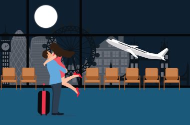 couple meet at airport landing take off departure night love farewell plane background clipart