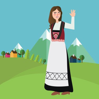 Dağ manzarası önünde geleneksel kıyafetlerle Norveççe Norveç İzlanda İsveç kızlar