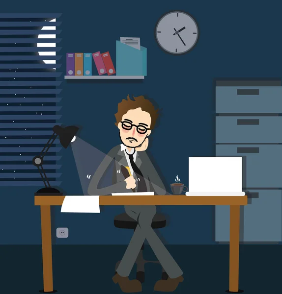 Hombre trabajando tarde noche plazo en la oficina solo oscuro horas extras sentado escritorio con lámpara — Vector de stock