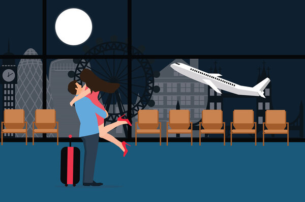 couple meet at airport landing take off departure night love farewell plane background
