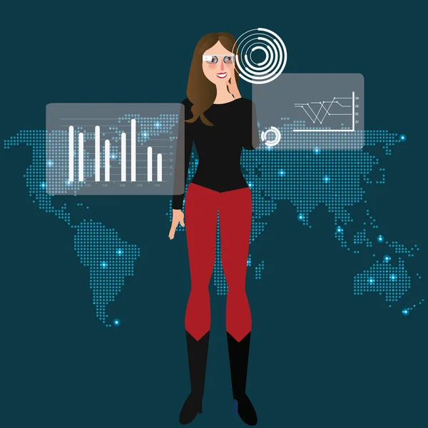 Chicas de realidad virtual con lentes de vidrio futurista touch información mapa del mundo — Vector de stock