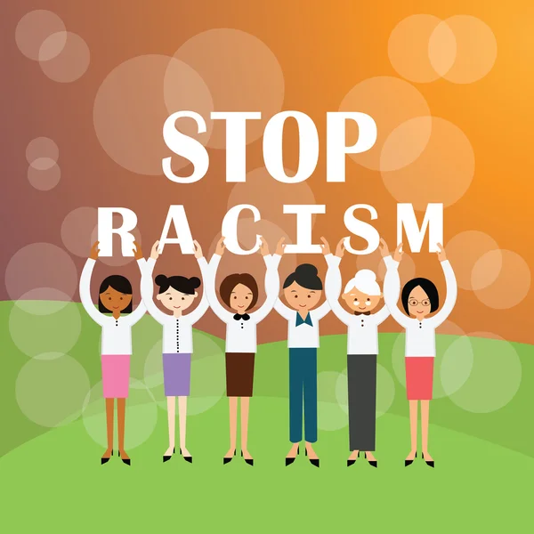 Stop racism multi ethnicity group of people holding sign againts racial discrimination movement — Stock Vector