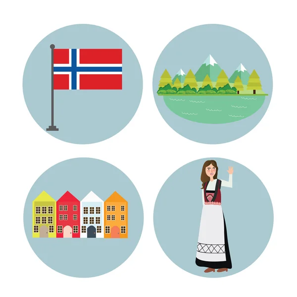 Noruega icono bandera noruega edificio de montaña y niñas con ropa de traje tradicional — Vector de stock