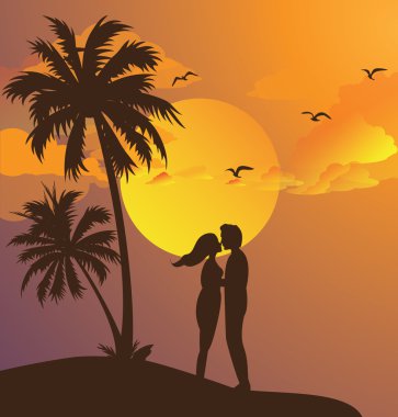 Çift siluet sunset beach romantik an sarı gökyüzü palmiye ağacı üzerinde öpüşme