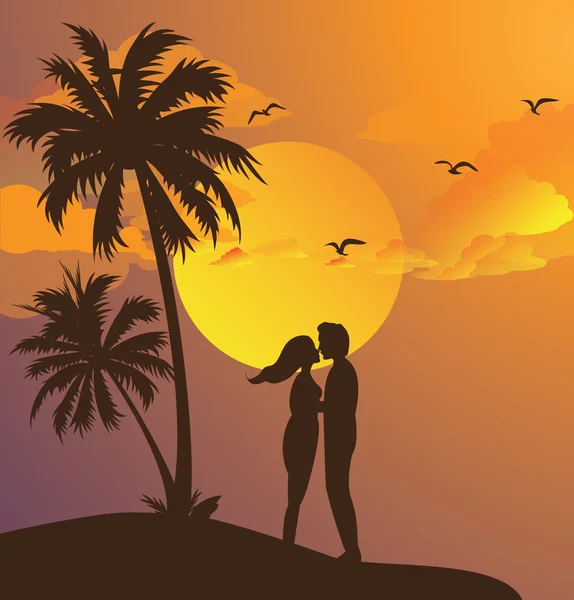 Pareja besar silueta puesta de sol en playa romántico momento amarillo cielo palmera — Vector de stock