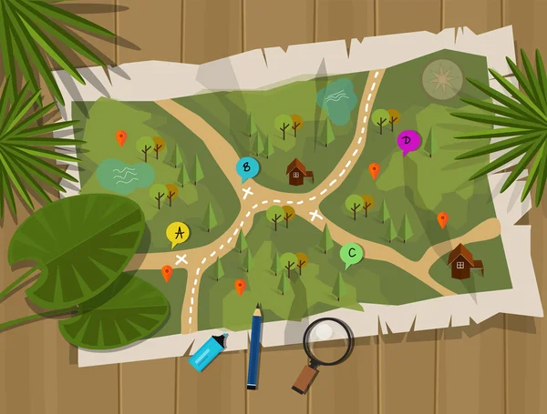 Mapa selva cartoon tesouro caçador — Vetor de Stock