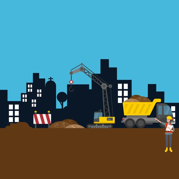 Road building city construction site worker vector illustration — Stock Vector