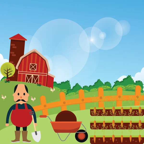 Mezőgazdasági termelő állni a farm sárgarépa betakarítás ültetvény ábrán zöld fű mező rajzfilm vektoros rajz — Stock Vector