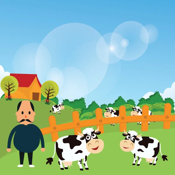 Agricultor stand com sua fazenda vaca gado comer grama em campo verde desenho animado desenho vetorial ilustração — Vetor de Stock