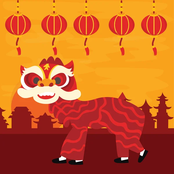 Chinês tradicional dragão dança barongsai feliz ano lunar novo celebração atração cor vermelha — Vetor de Stock