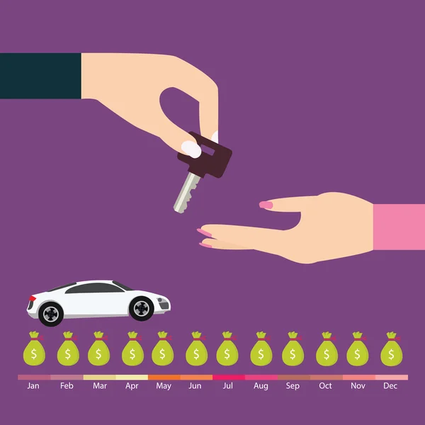 Autó hitel hitel fizetési ciklus kulcs kézi vesz át automatikus ütemezett mennyiség tartozás fizetés — Stock Vector