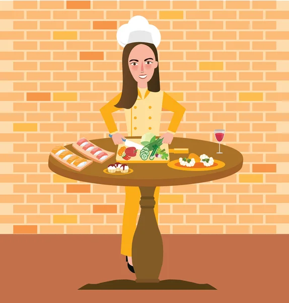 Mujer chef cerca de mesa llena de comida niñas profesión como experto en cocina — Vector de stock