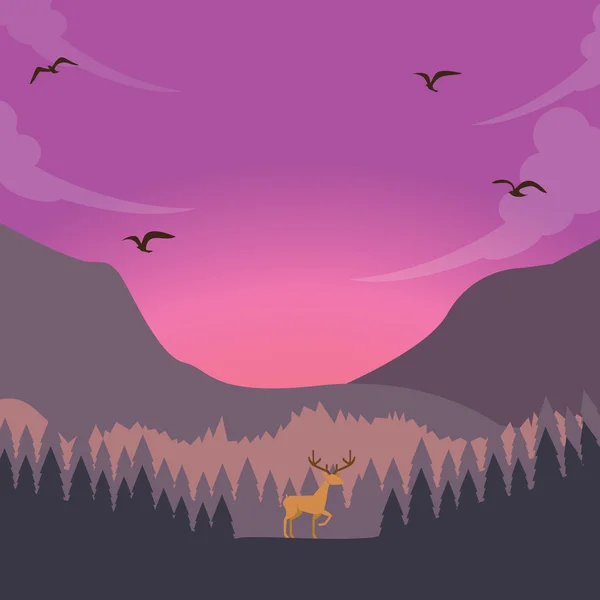 Přírodní scénu jelen na západ slunce v lese majestátní obloze — Stockový vektor
