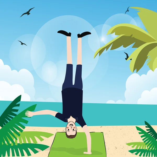 Man handstand with one hand in beach exercise fun action upside down — Stock Vector