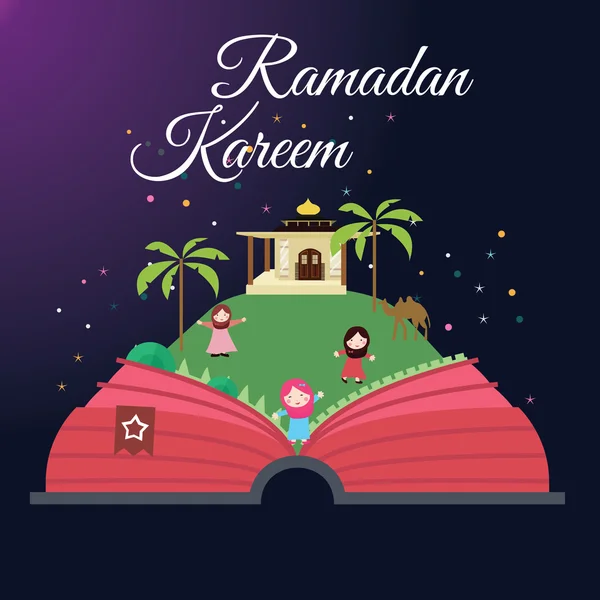 Tarjetas de felicitación Ramadán niños y mezquita con noche estrellada Islam celebración mes — Archivo Imágenes Vectoriales