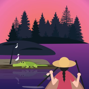 kadın binicilik Kano Kayık küçük tekne karşılamak ıslak toprak gölde timsah timsah