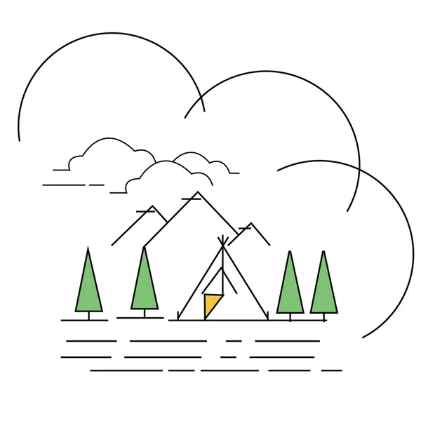 Vonal stílus illusztráció táj hegy, a tó Kemping sátor — Stock Vector