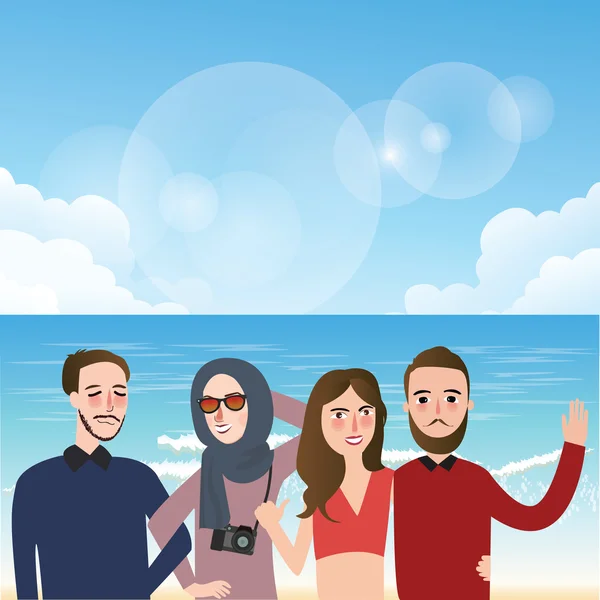 Friends taking picture together wearing veil fun on beach illustration — Stock Vector
