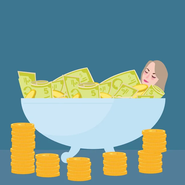 Frau badet in Geld schmutzigen Reichtum Erfolg Vermögen — Stockvektor