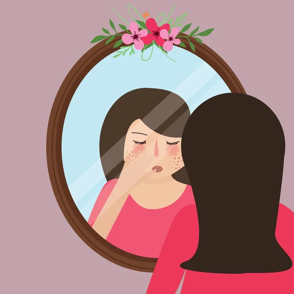 Dívky s akné pupínek při pohledu do zrcadla kůže obličeje problém — Stockový vektor