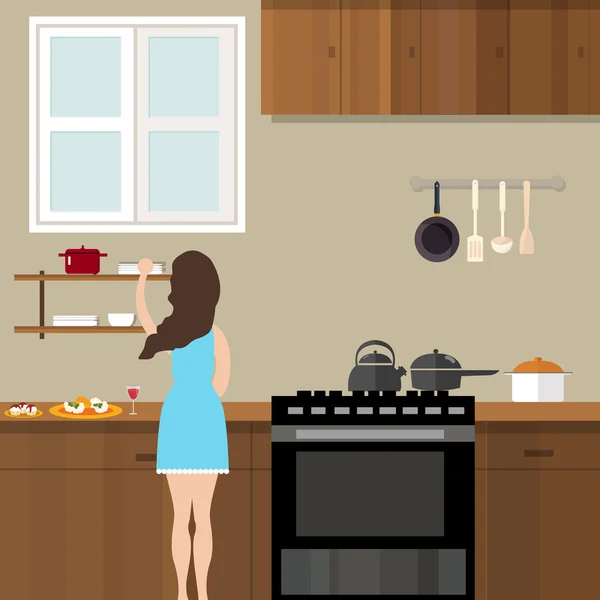 Mamá mujer cocina en la cocina preparándose para la ilustración de dibujos animados de alimentos — Vector de stock