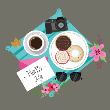 Merhaba Temmuz hoş geldiniz bahar yaz oturum donuts kahve flowerc kamera ve gözlük
