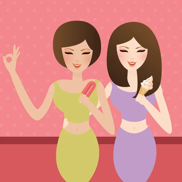 Zwei schöne Frau weibliche Mädchen essen Eistüte — Stockvektor