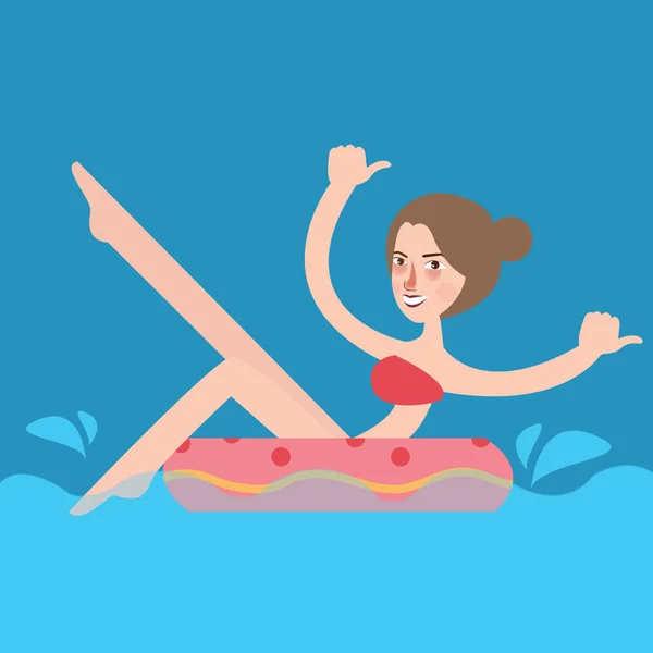 Meisje gelukkig zwemmen in zwembad met opblaasbare spelen — Stockvector