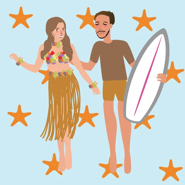 Hombre mujer bailando Hawaii mientras sostiene tabla de surf — Vector de stock