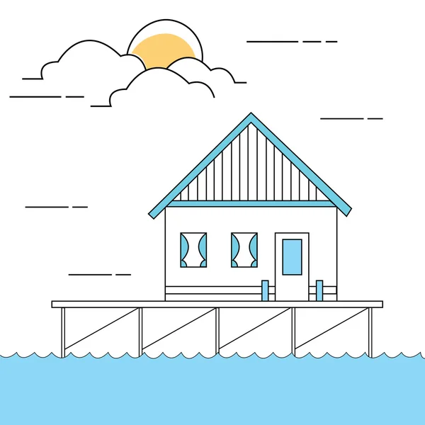 Illustration de style ligne de maison ou de maison au-dessus de l'eau de mer près du lac — Image vectorielle